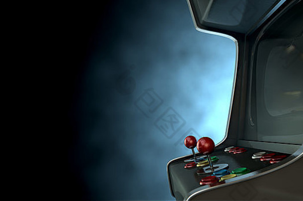 一款复古的无品牌街机游戏，带有操纵杆和按钮，在黑暗不祥的背景上有一个空白屏幕和空间