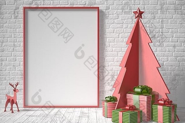 模拟空白图片框架圣诞节树装饰礼物呈现插图