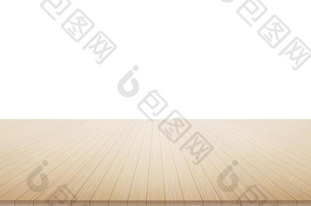 设计理念-白色背景上隔离的空木质桌面，用于展示或蒙太奇产品