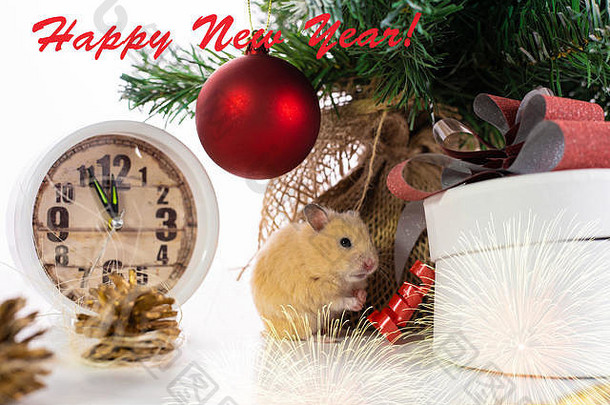老鼠坐在圣诞节树手表象征一年圣诞节快乐一年问候卡