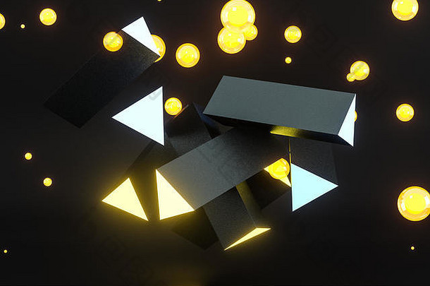 3d渲染，黄色发光三角形柱，暗背景，计算机数字背景。