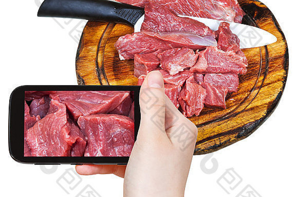 拍摄食物概念旅游需要图片减少生肉切割木董事会智能手机