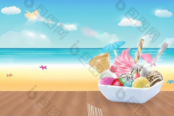 一套真正的巧克力、柠檬、芒果、草莓和薄荷冰淇淋，搭配海滩背景