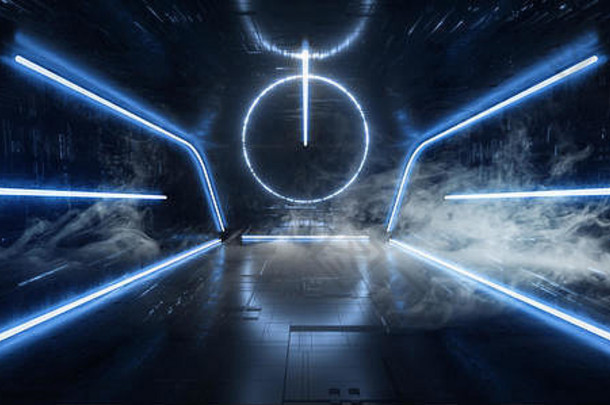 烟sci现代未来主义的霓虹灯灯蓝色的发光混凝土列圆形状技术示意图芯片纹理反光黑暗隧道房间对应