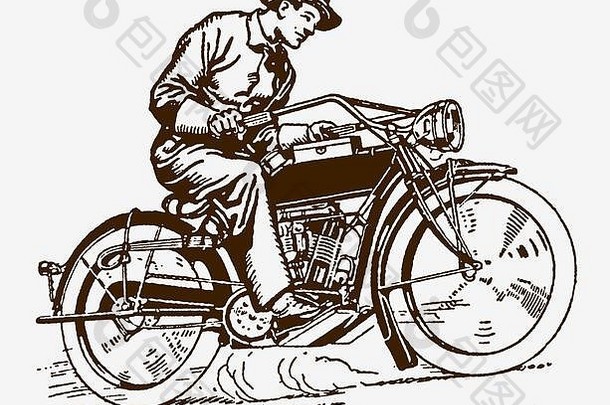 历史人物骑着一辆经典的摩托车。20世纪早期雕刻后的插图