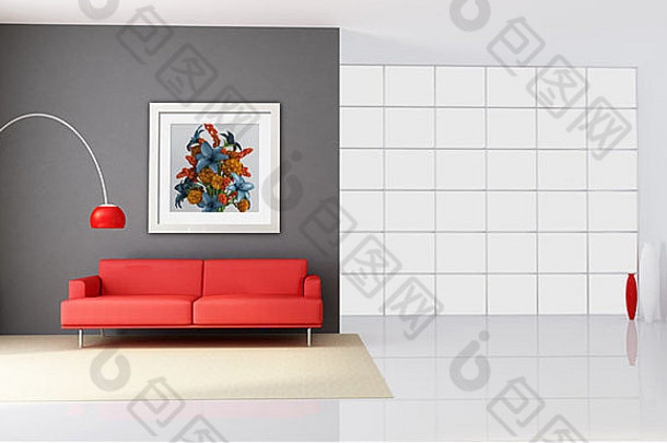 红色沙发和大窗户的极简主义室内设计-渲染-墙上的艺术图片是我的渲染作品