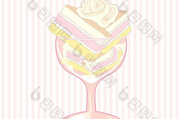 插图花俏的玻璃天使蛋糕堆放漩涡生奶油粉红色的条纹背景