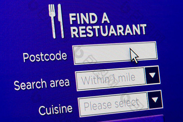 一个虚构网站的特写镜头，邀请用户查找餐厅。