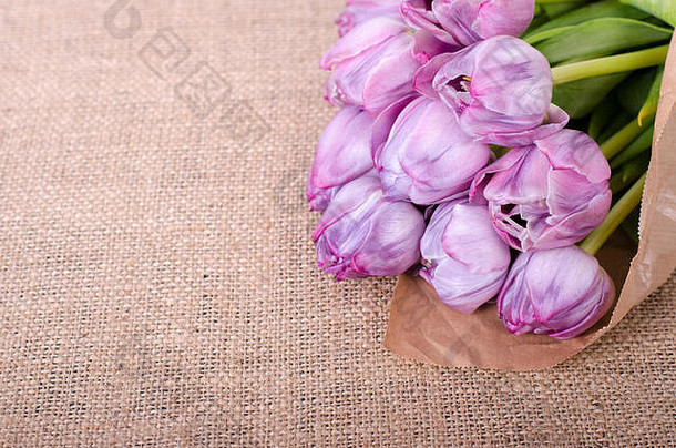母亲节、婚礼请柬、贺卡和请柬的画布背景上的紫色郁金香