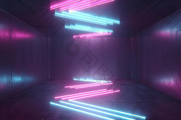 霓虹灯夜光复古网络虚拟紫蓝色夜光荧光管灯抽象垃圾混凝土隧道室科幻未来舞台空