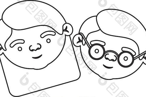 一对老夫妇的面部轮廓图——一对直着中等发型的祖母和一对戴眼镜的祖父