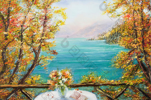 原始油画的平台与海洋岸边的桌子和帆布上的树木。现代印象派
