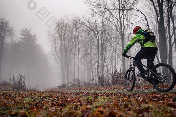 山地摩托车手在树林里的小路上。<strong>冬季</strong>或秋季风景林中的自行车骑手。在乡村公路上骑自行车的男子。运动健身动机与<strong>健康教育</strong>