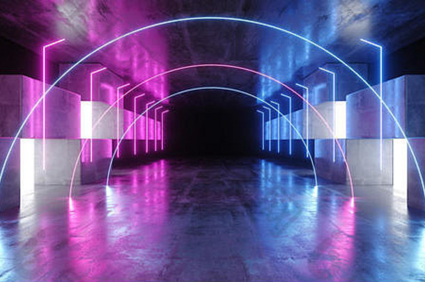 霓虹灯弧光图形发光紫蓝色充满活力的虚拟科幻未来派隧道工作室舞台建筑车库领奖台宇宙飞船夜空暗凝
