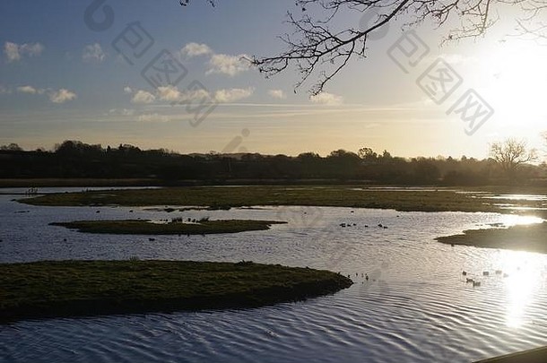 RSPB保龄球绿色沼泽，日出时淹没草地。Exe河口，托普沙姆，德文郡，英国。2018年1月。