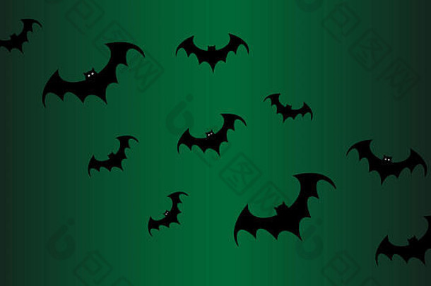 万圣节背景，绿色背景上有飞行的黑色蝙蝠剪影，恐怖的万圣节概念