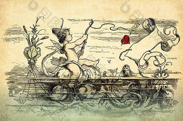 复古情人节贺卡与文案空间：可爱的丘比特鱼心与弓箭从池塘