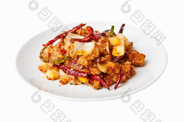 泰国菜叫PUD PIK MOO，是用白色背景的猪肉和辛辣成分做成的