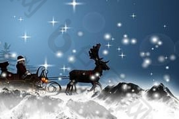 雪山上带着雪橇和驯鹿的圣诞老人