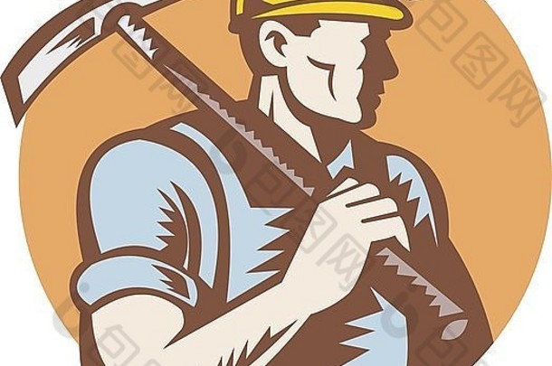 一名<strong>煤矿工人</strong>用复古木刻风格的镐工作的插图