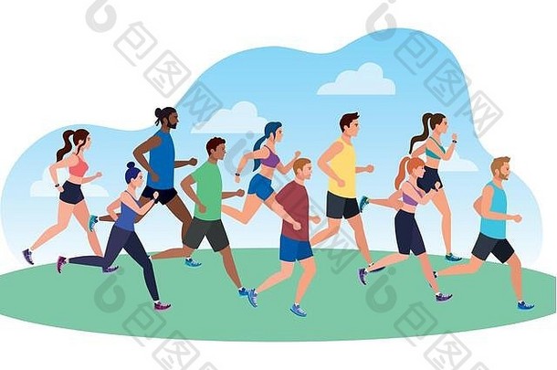 景观中的<strong>跑步</strong>者、运动服中的团体<strong>跑步</strong>者、运动者、运动者