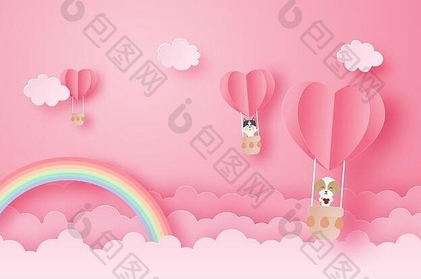 剪纸风格的爱情和情人节贺卡插图。快乐的狗和猫在云层和彩虹上方的热气球里。数字工艺
