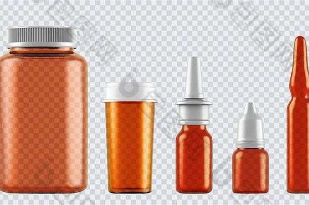 用于药品、片剂、滴剂和喷雾等的真模拟玻璃瓶。在透明背景上隔离的3d塑料空白医疗容器