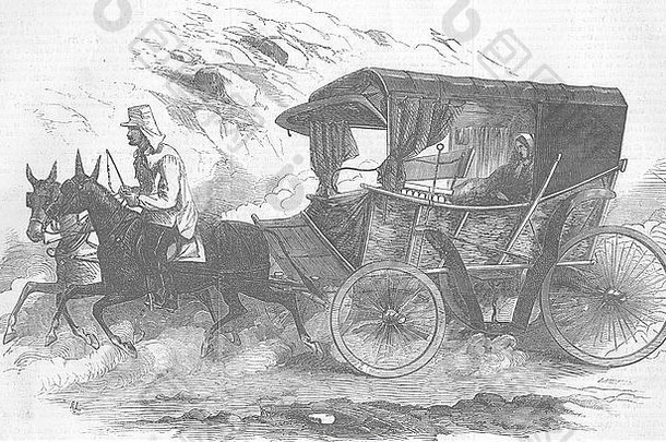 1856年，意大利<strong>南丁格尔</strong>小姐坐在战地的马车上。图文并茂的伦敦新闻