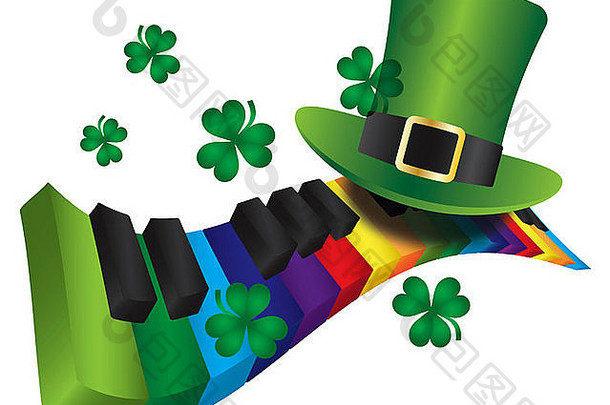 St Patricks Day Leprechaun帽子，彩虹色钢琴波浪形键盘，白色背景插图上隔离