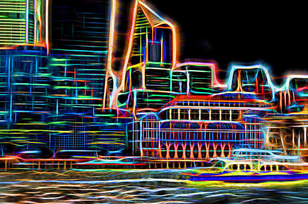 城市巡航船河泰晤士河伦敦天际线轮廓背景未来主义的晚上城市发光的霓虹灯紫色的蓝色的灯