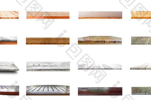 一组白色隔离的新旧木质桌面，用于您的产品展示或展示