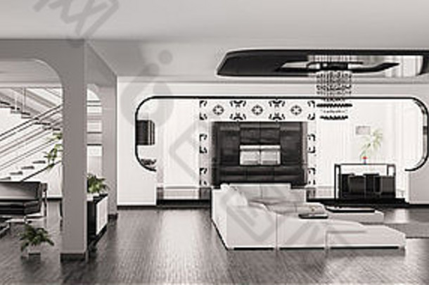 现代公寓内部客厅大厅厨房全景3d渲染
