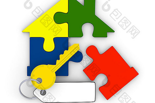 由四个彩色拼图块组成的金钥匙和房屋标志