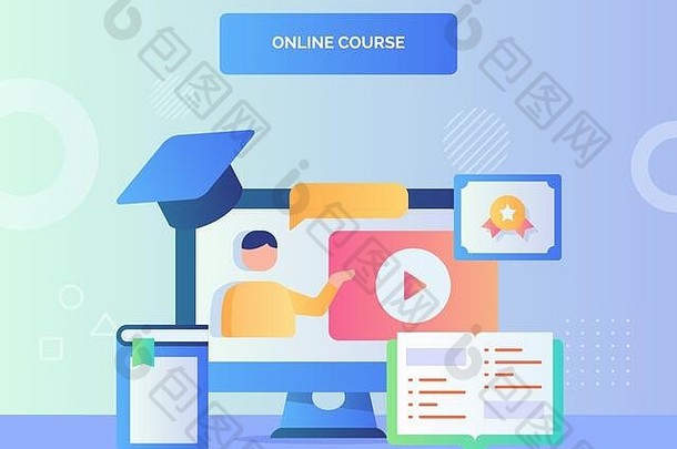 在计算机屏幕上的视频教程中，以开放式书本证书为背景的Man talk是一个平面风格的在线课程概念。