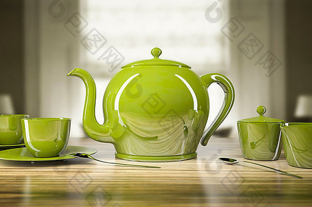 绿色茶壶和茶杯的图像