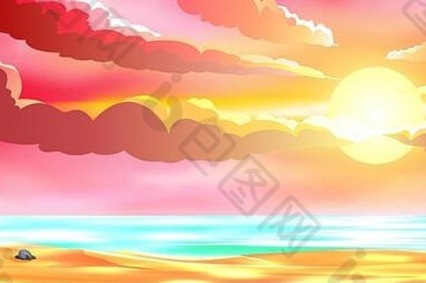 海景沙子海滩太阳日落粉红色的天空云石头海滨