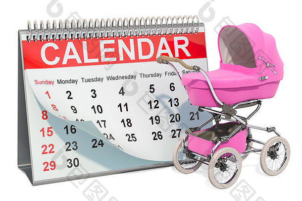 带婴儿车的桌上日历，在白色背景上隔离3D渲染