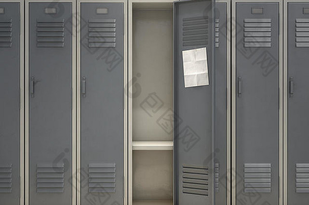 一排金属的<strong>学校储物柜</strong>，有一扇敞开的门和一张贴在里面的空白纸条-3D渲染