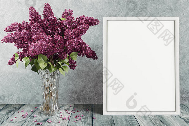 花瓶中带有紫色花朵的白色画布，3d渲染插图