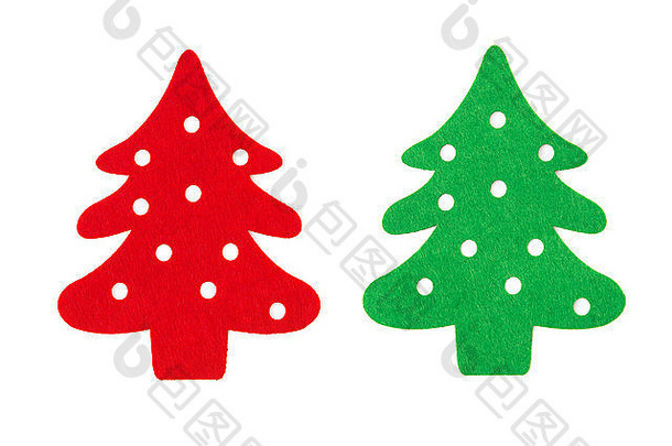 白色背景上的红色和绿色扁平圣诞树