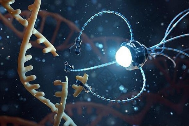 纳米技术领域的医学概念。基因工程和使用纳米机器人代替部分DNA分子。三维插图。