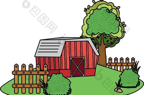 带木格栅和树木的彩色房屋农场