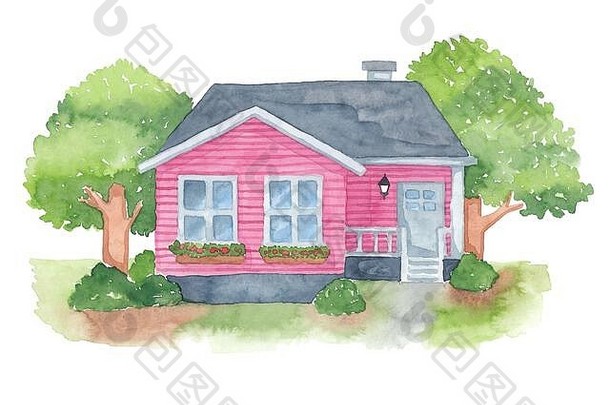 粉红色的美国房子水彩画孤立的白色