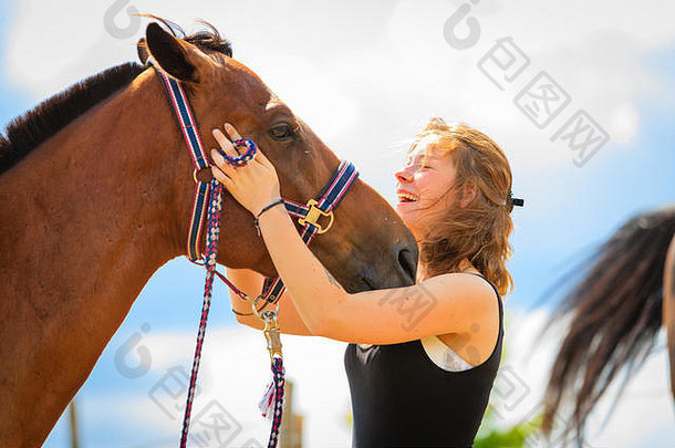 爱护动物，爱和友谊的理念。在阳光明媚的日子里，骑师般的年轻女孩抚摸和拥抱着棕色的马