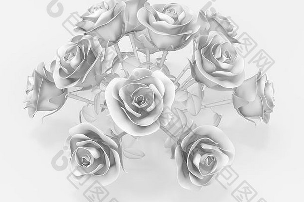 玫瑰丛一个白色3d插图摘要，水平