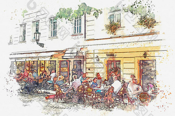 布拉格街头咖啡馆的插图。人们一起休息和吃饭。