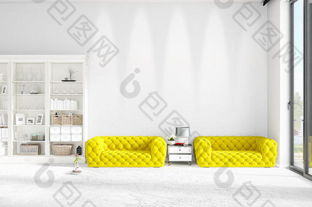 白色机架和黄色沙发的全新时尚内饰场景。三维渲染。水平排列。