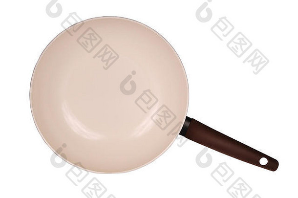 照片棕色（的）陶瓷煎锅孤立的白色背景软影子剪裁路径