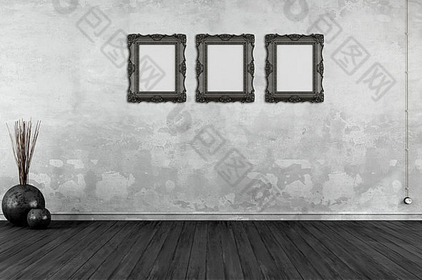 黑色的白色难看的东西室内经典风格空白框架墙呈现