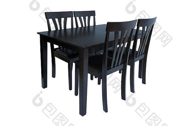 餐厅家具一套桌子和四把椅子。客厅或厨房的优雅餐厅家具，由黑色木材和皮革挂毯制成，isol
